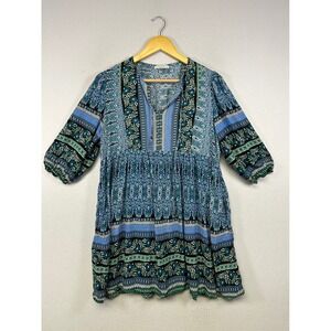 Boho Festival Chigant Women Medium Blue Green Paisley Floral Babydoll Mini Dress